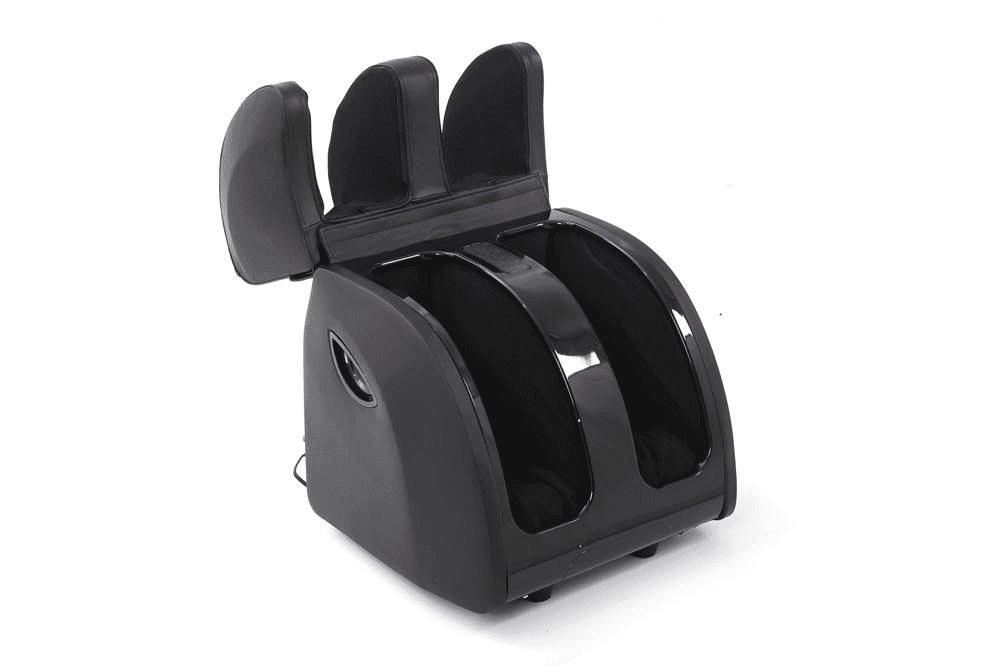 Foot massager open, showing the padded calf and foot wells