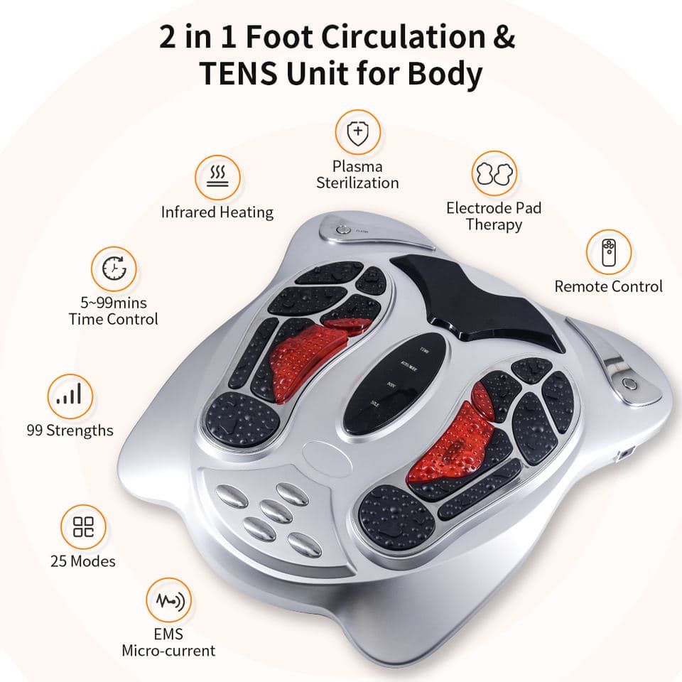 T99 Pulse foot massager labelled with its infrared heating, plasma, timer, intensity and mode functions
