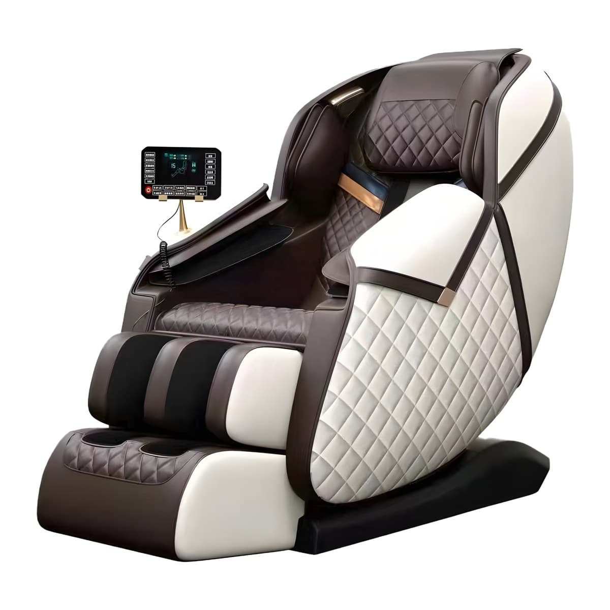 S81 Salon massage chair in brown and white, three-quarter view