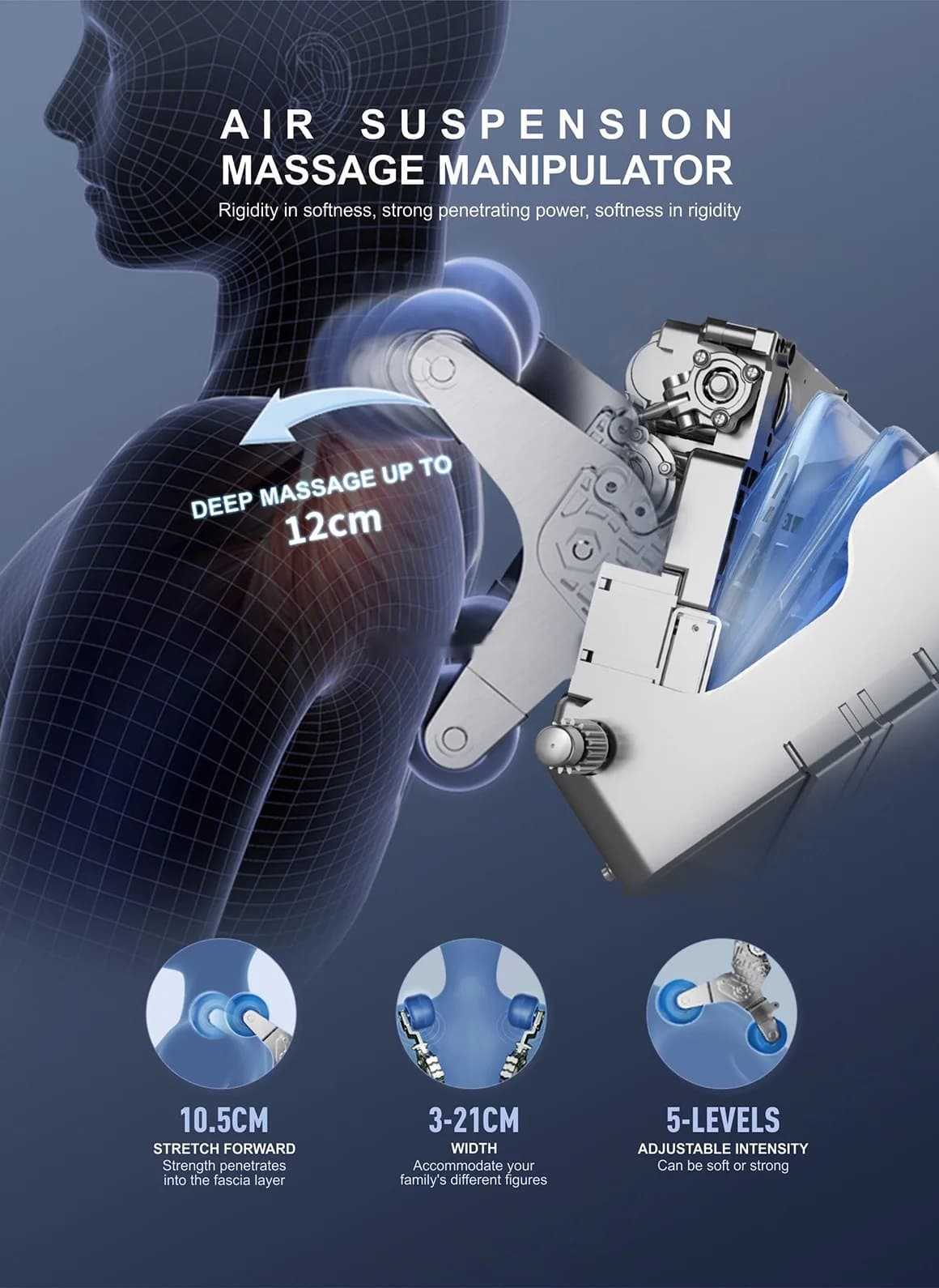 Z372 Plus air-suspension massage mechanism: 10.5 cm forward stretch, 3–21 cm width and 5 intensity levels