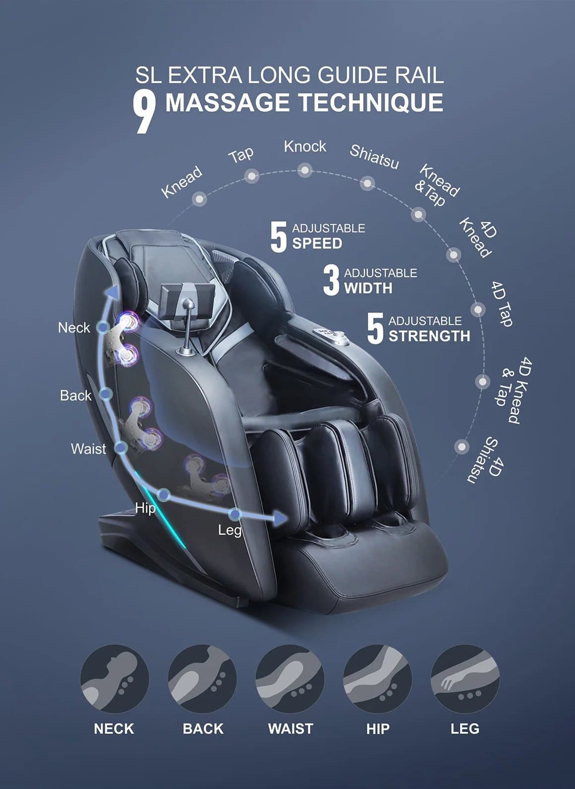Z372 Plus extra-long SL rail and 9 massage techniques across the neck, back, waist, hips and legs