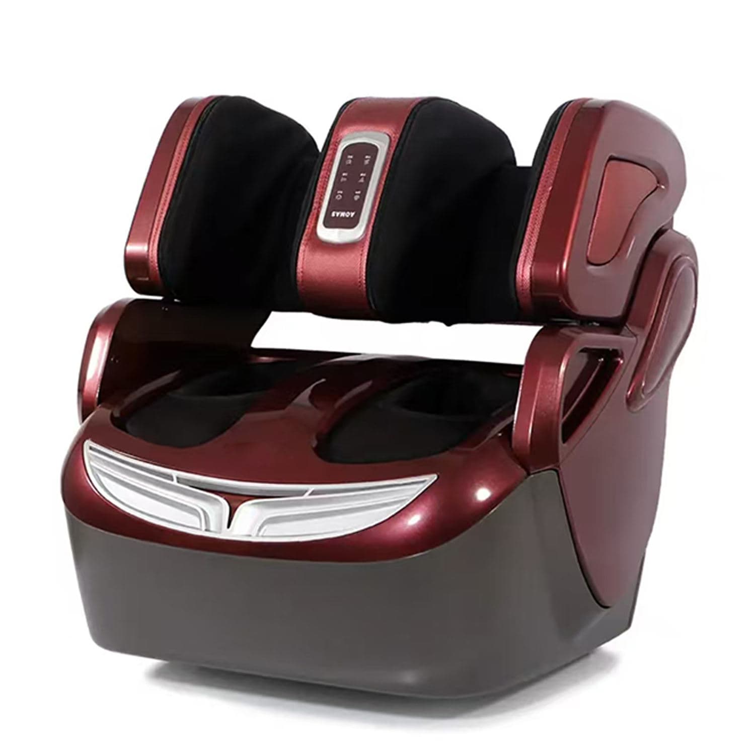 Air compression leg and foot massager in burgundy, three-quarter view