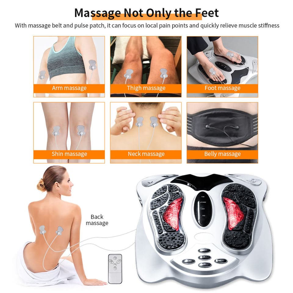 The electrode pads in use on the arm, thigh, shin, neck, belly and back