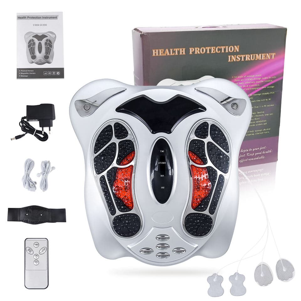 T99 Pulse foot massager with its remote, electrode pads, body belt and power adapter